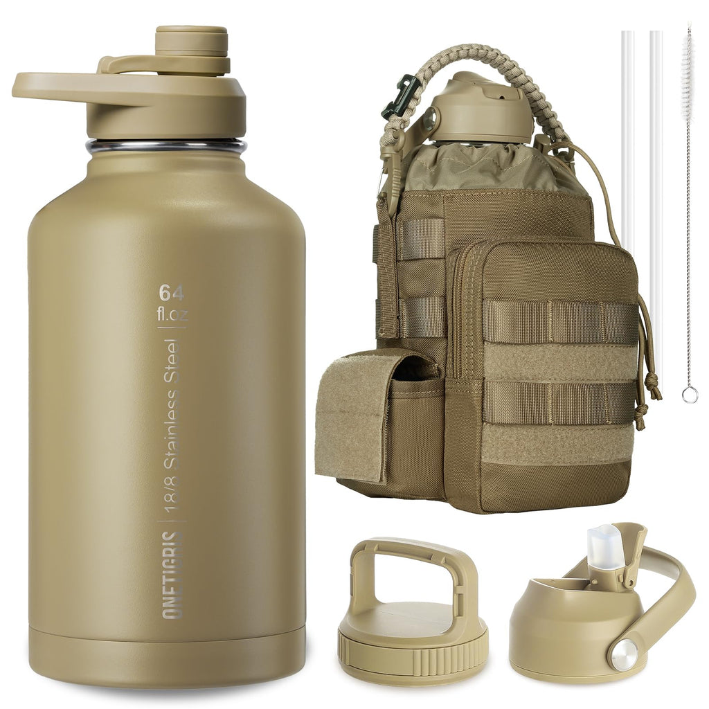 ONETIGRIS Tactical Half Gallon Water Bottle with Straw - 64 oz Vacuum Insulated Stainless Steel Water Jug, Leakproof Sport Bottle with 3 BPA Free Lids, Paracord Handle & MOLLE Water Pouch for Outdoor
