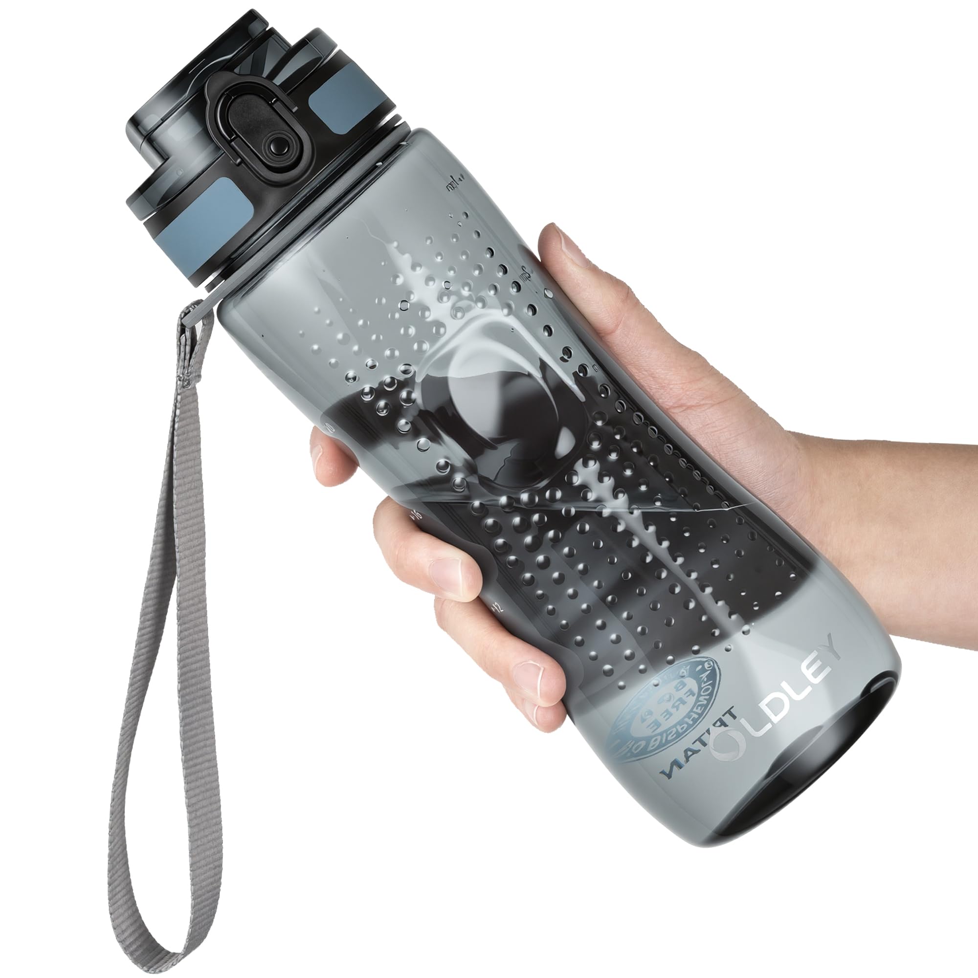 OLDLEY 25 oz Water Bottle, Motivational Water Bottle with Time Marker, Sports Water Bottle With Strap, Leakproof & BPA Free Large Water Bottles for School, Gym, Travel, Outdoor, Tritan,Black