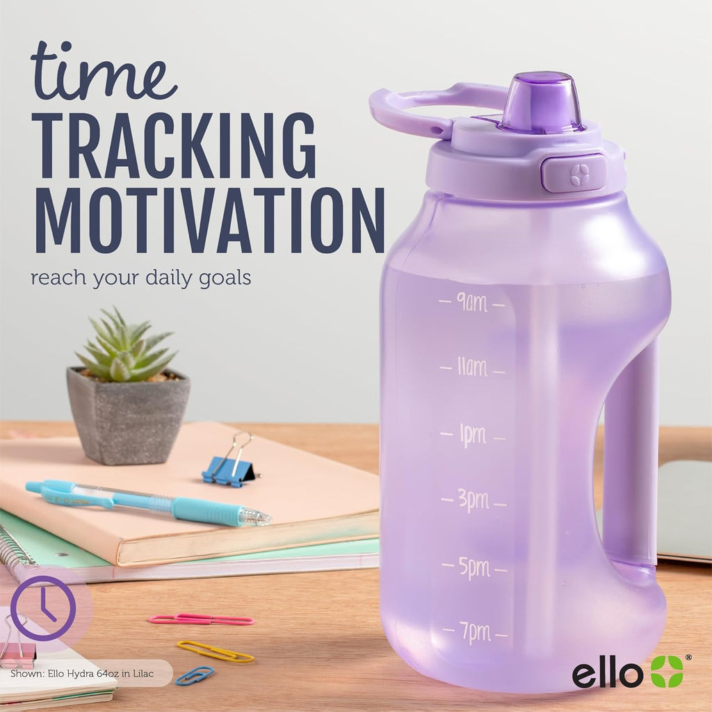 Ello Hydra 64oz Half Gallon Water Jug with Handle and Motivational Time Markers for All Day Hydration, Plastic Reusable Water Bottle with Straw and Locking, Leak Proof Lid, BPA Free