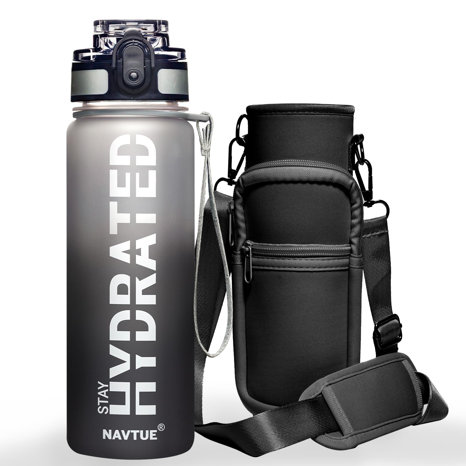 Water Bottle, 16oz Sports Water Bottles with Time Marker Wide Mouth, Motivational and Leakproof Drink Bottle, BPA Free Tritan with Carry Strap for Gym Fitness Outdoor(Direct Drink)