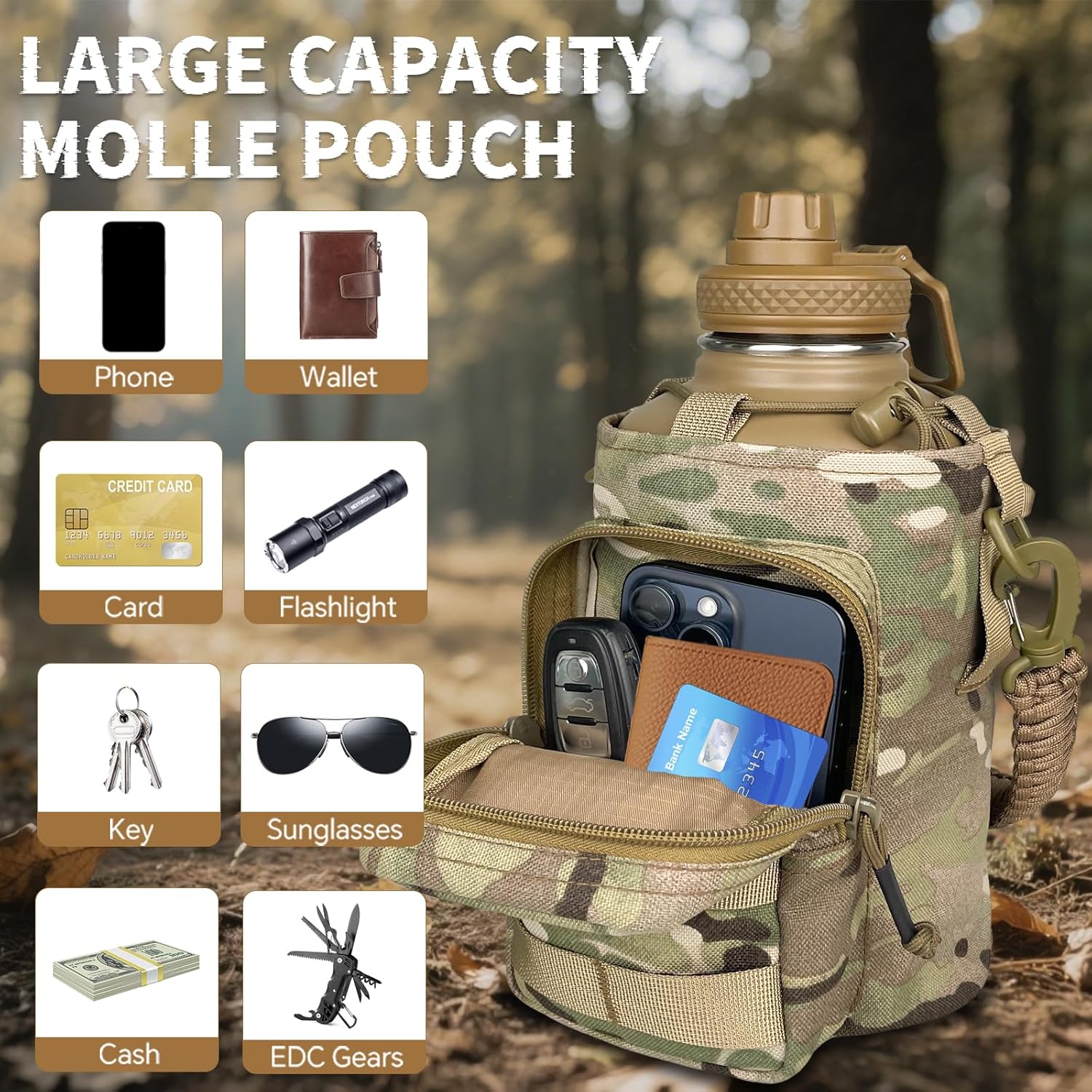 Half Gallon Water Bottle Insulated with Sleeve - Tactical 64 oz Stainless Steel Water Jug with MOLLE Water Bottle Pouch, Gym Water Bottles for Men Hiking Workout (CP Camo)