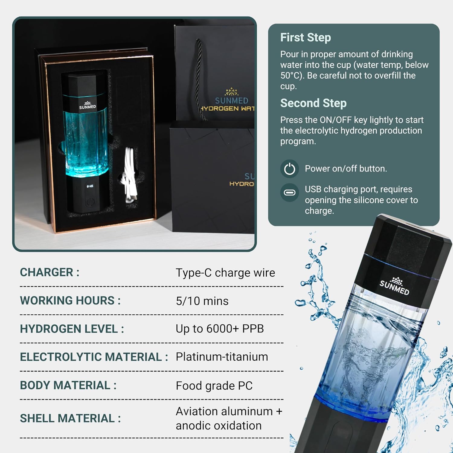 Hydrogen Water Bottle Generator | Up to 6000+ PPB Molecular Hydrogen, Alkaline Water Pitcher | OLED Display, Rechargeable, Portable, High-Pressure Safe Design