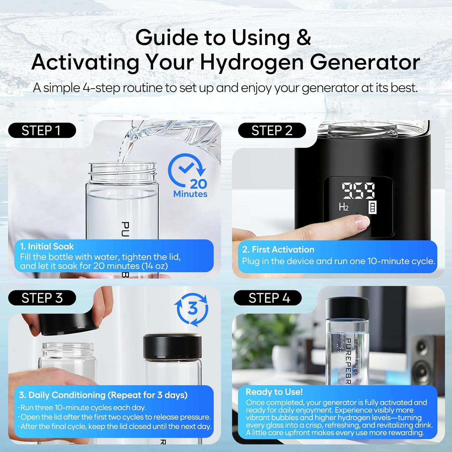 Upgraded Hydrogen Water Bottle Generator Glass, Touch Screen, Leak-Proof Lid, SPE/PEM Tech, Portable Rechargeable Hydrogen Water Bottle for Home Office Travel Fitness Drinking, 14 oz