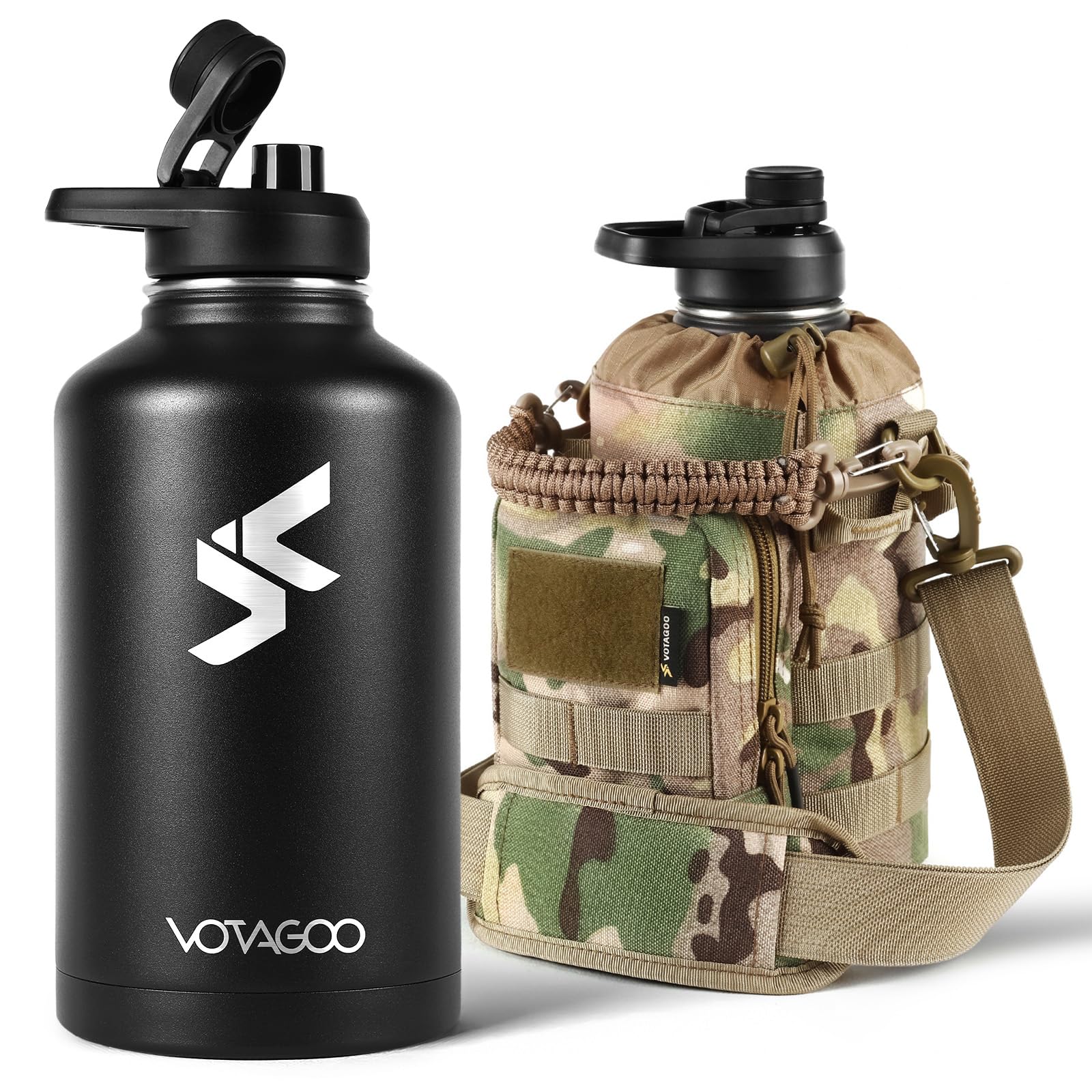 64Oz Tactical Water Bottle - Half Gallon Stainless Steel Insulated Water Bottle, Metal Military Bottle with Rugged, Removable Sleeve Tactical Carrier Bag for Hiking Camping Hunting (BLACK)