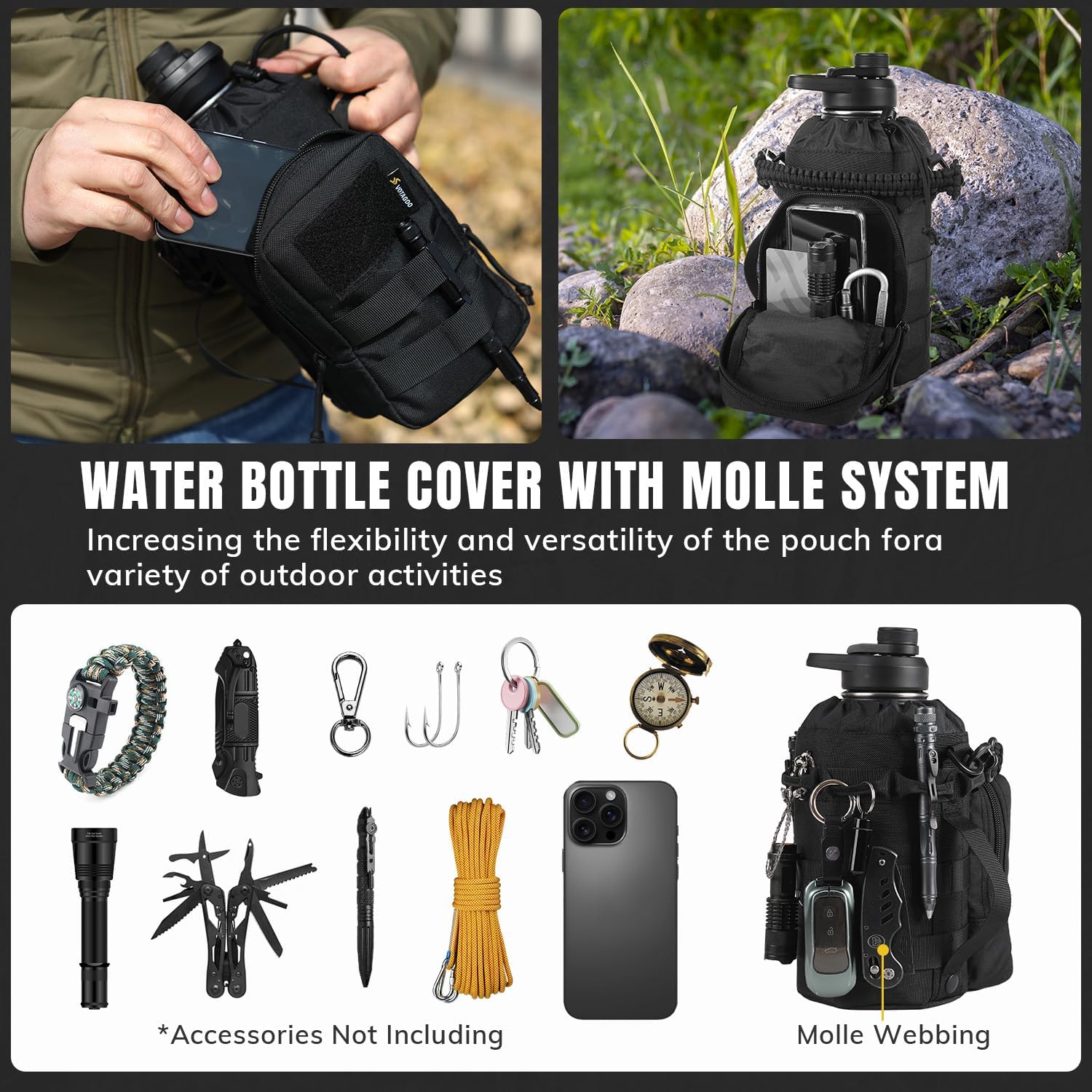 64Oz Tactical Water Bottle - Half Gallon Stainless Steel Insulated Water Bottle, Metal Military Bottle with Rugged, Removable Sleeve Tactical Carrier Bag for Hiking Camping Hunting (BLACK)