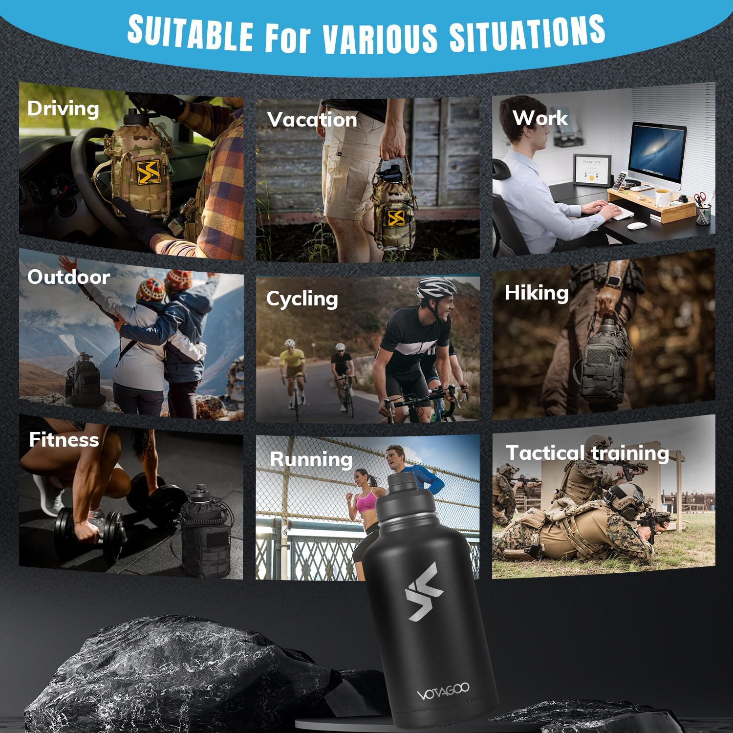 64Oz Tactical Water Bottle - Half Gallon Stainless Steel Insulated Water Bottle, Metal Military Bottle with Rugged, Removable Sleeve Tactical Carrier Bag for Hiking Camping Hunting (BLACK)