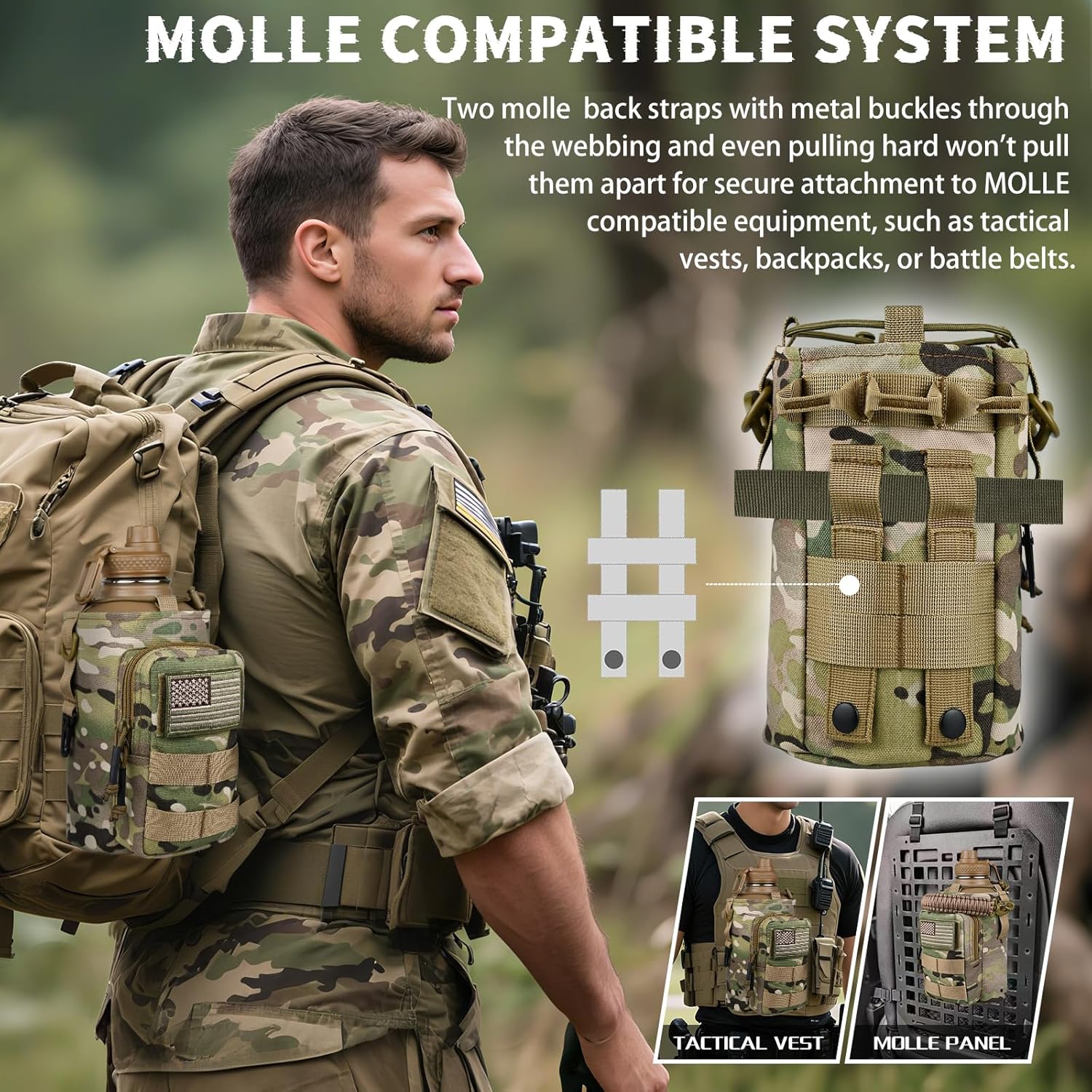 Half Gallon Water Bottle Insulated with Sleeve - Tactical 64 oz Stainless Steel Water Jug with MOLLE Water Bottle Pouch, Gym Water Bottles for Men Hiking Workout (CP Camo)