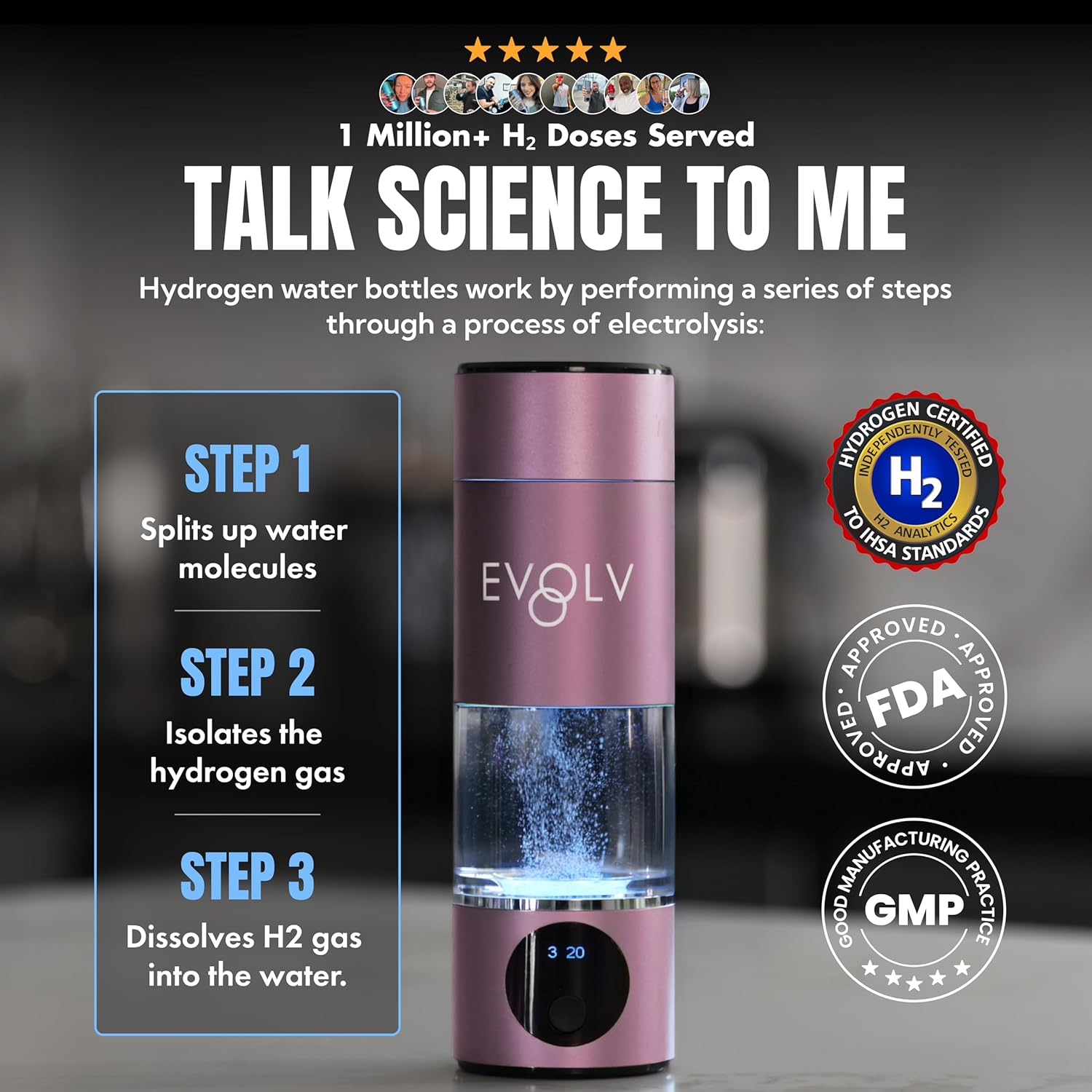 EVOLV Hydrogen Water Bottle Generator – SPE & PEM Water Ionizer 5.4PPM, Highest H2 Concentration – Portable 8oz Hydrogenated Water Bottle – Leak-Proof Hydrogen Water Machine, Easy to Use – Rose