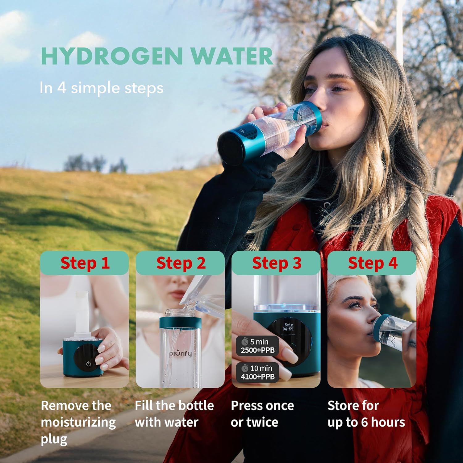 Hydrogen Water Bottle Generator - Up to 4100+ PPB - SPE/PEM Technology - Certified H2 Generator - Portable Athletic Performance & Hydration System - 6-Hour Hydrogen Retention, 10 oz (Turquoise)