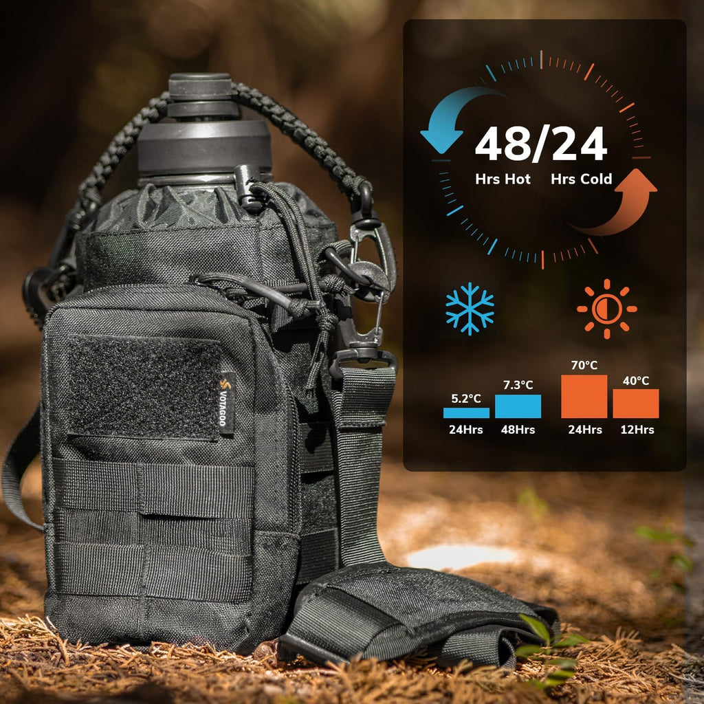 64Oz Tactical Water Bottle - Half Gallon Stainless Steel Insulated Water Bottle, Metal Military Bottle with Rugged, Removable Sleeve Tactical Carrier Bag for Hiking Camping Hunting (BLACK)