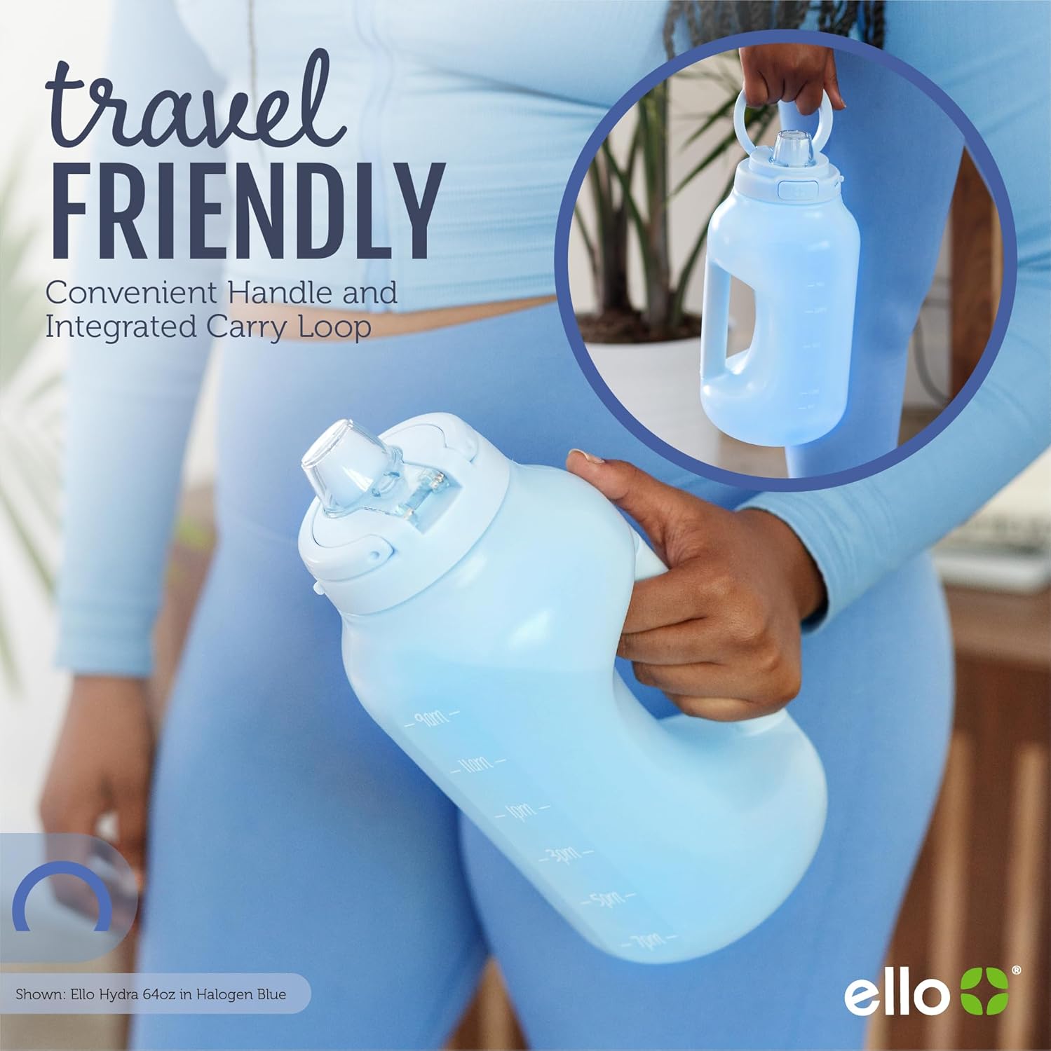 Ello Hydra 64oz Half Gallon Water Jug with Handle and Motivational Time Markers for All Day Hydration, Plastic Reusable Water Bottle with Straw and Locking, Leak Proof Lid, BPA Free