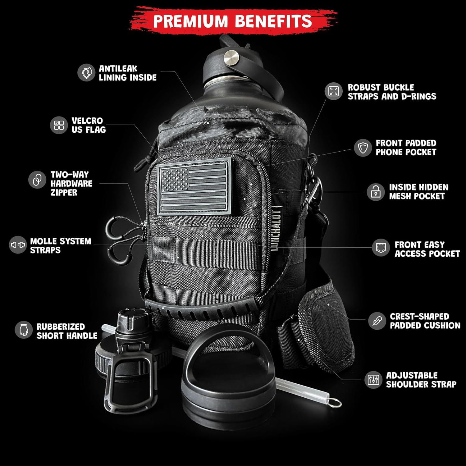 1 Gallon Water Bottle - 128 Oz Insulated Stainless Steel Metal Water Bottle with Holder - Carrying Bag - Spout Handle - Straw Lids - Keep Cold & Hot - Black Tactical Flask