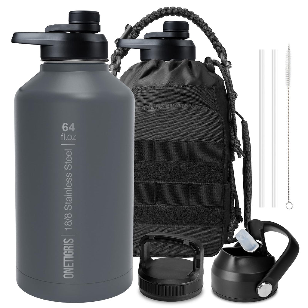 ONETIGRIS Tactical Half Gallon Water Bottle with Straw - 64 oz Vacuum Insulated Stainless Steel Water Jug, Leakproof Sport Bottle with 3 BPA Free Lids, Paracord Handle & MOLLE Water Pouch for Outdoor