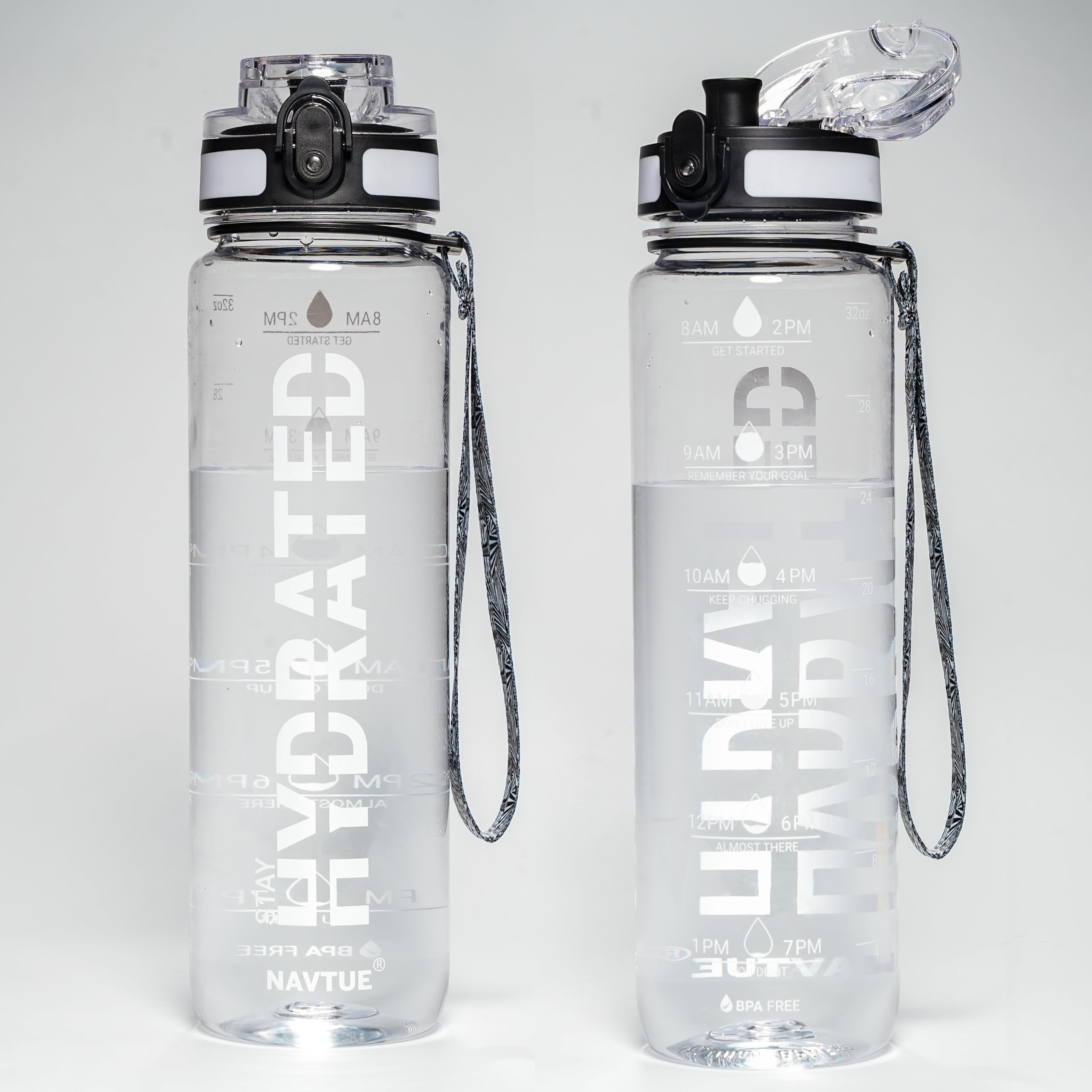 Water Bottle, 16oz Sports Water Bottles with Time Marker Wide Mouth, Motivational and Leakproof Drink Bottle, BPA Free Tritan with Carry Strap for Gym Fitness Outdoor(Direct Drink)