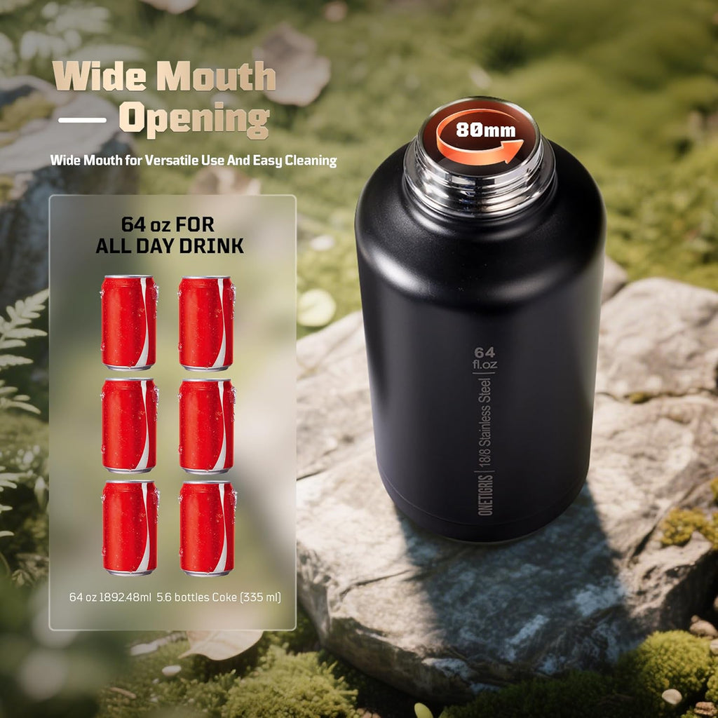 ONETIGRIS Tactical Half Gallon Water Bottle with Straw - 64 oz Vacuum Insulated Stainless Steel Water Jug, Leakproof Sport Bottle with 3 BPA Free Lids, Paracord Handle & MOLLE Water Pouch for Outdoor