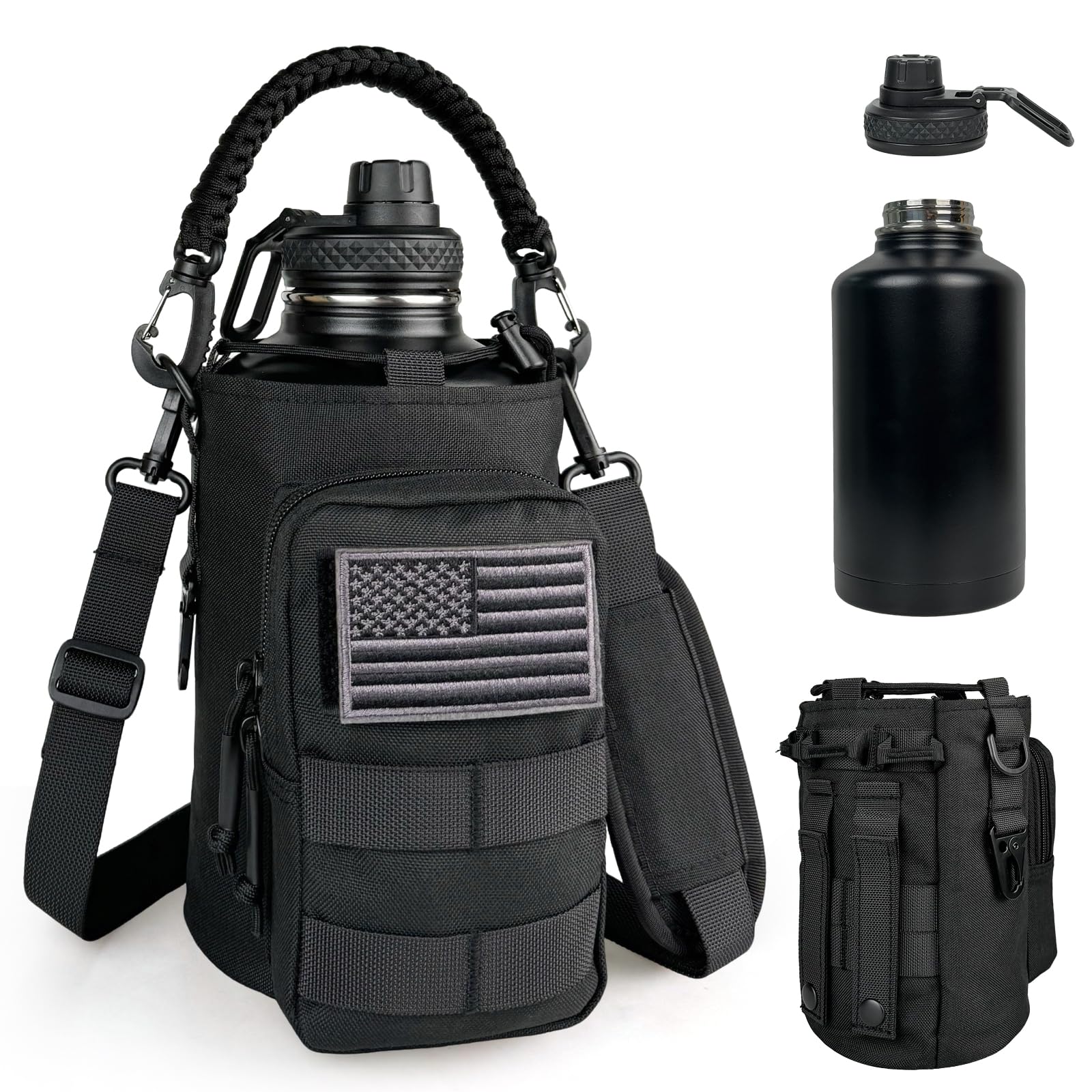 Half Gallon Water Bottle Insulated with Sleeve - Tactical 64 oz Stainless Steel Water Jug with MOLLE Water Bottle Pouch, Gym Water Bottles for Men Hiking Workout (CP Camo)