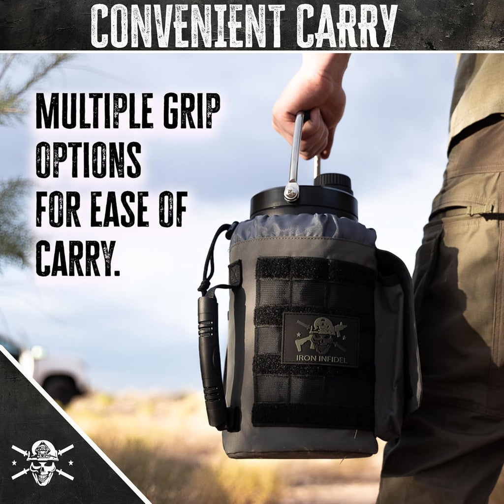 Iron Infidel Battle Bottle - One Gallon Insulated Water Bottle with Dual Carry Handles - 128 oz Tactical Stainless Steel Water Jug & Rugged Extra Large Sleeve With Storage (Betsy 128 Ounces)
