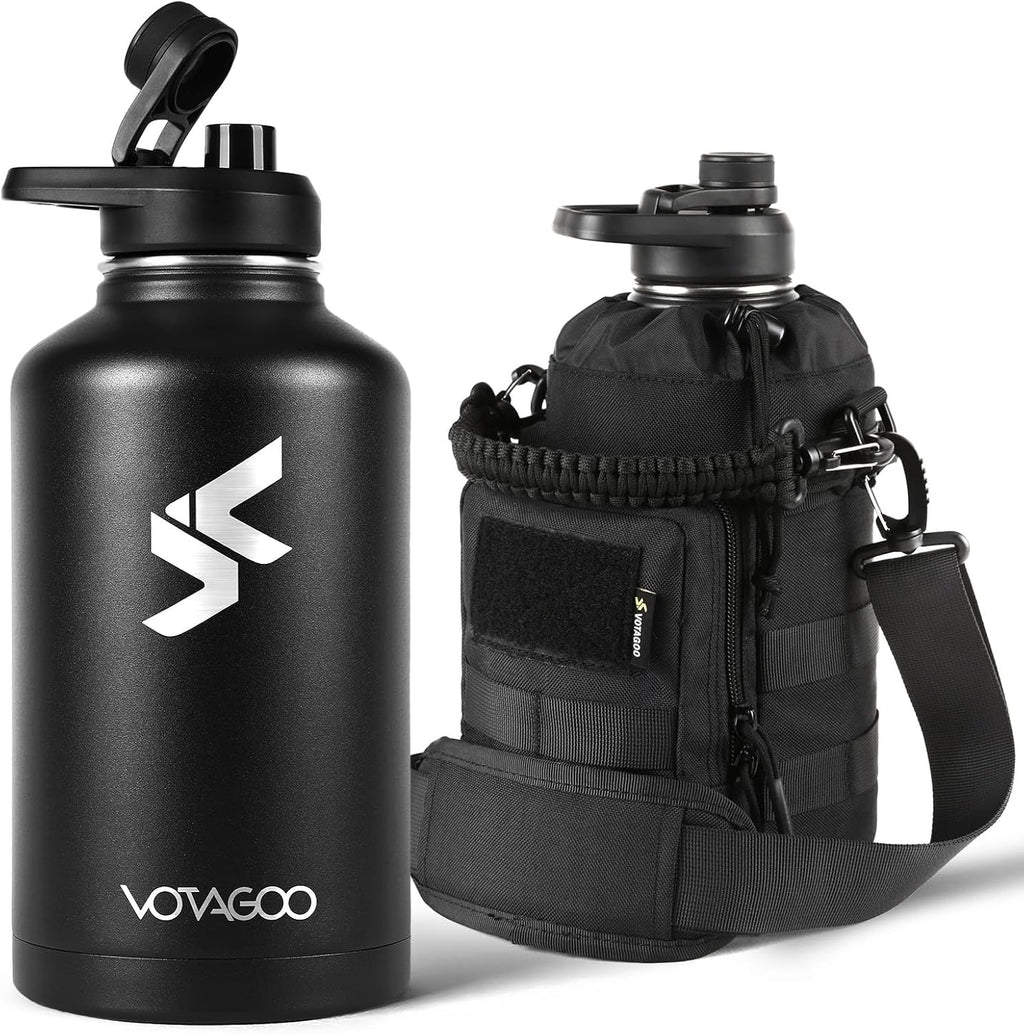 64Oz Tactical Water Bottle - Half Gallon Stainless Steel Insulated Water Bottle, Metal Military Bottle with Rugged, Removable Sleeve Tactical Carrier Bag for Hiking Camping Hunting (BLACK)
