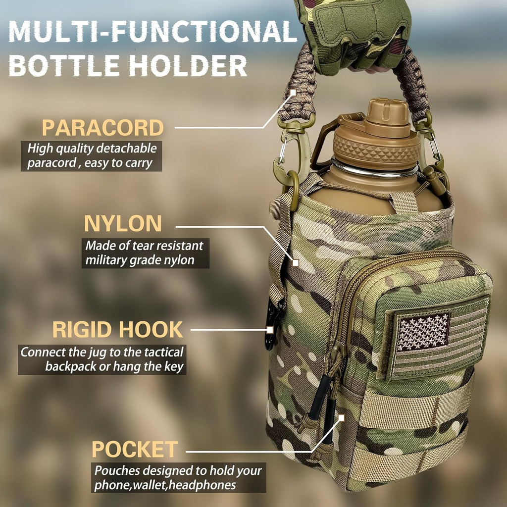 Half Gallon Water Bottle Insulated with Sleeve - Tactical 64 oz Stainless Steel Water Jug with MOLLE Water Bottle Pouch, Gym Water Bottles for Men Hiking Workout (CP Camo)
