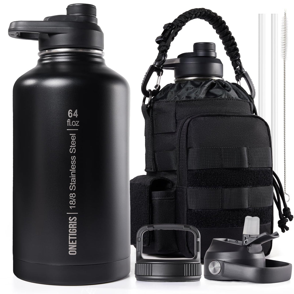 ONETIGRIS Tactical Half Gallon Water Bottle with Straw - 64 oz Vacuum Insulated Stainless Steel Water Jug, Leakproof Sport Bottle with 3 BPA Free Lids, Paracord Handle & MOLLE Water Pouch for Outdoor