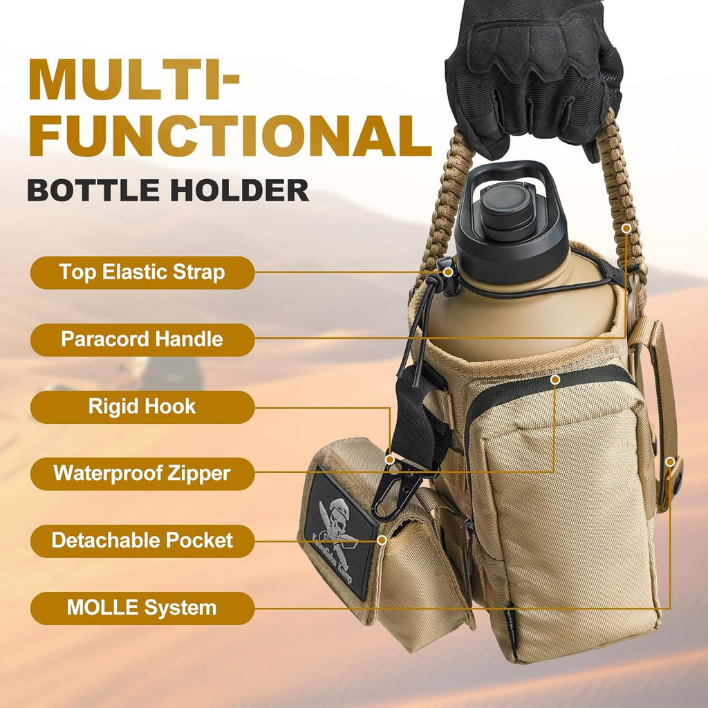 Half Gallon Tactical Water Bottle With Straw - 64 OZ Stainless Steel Water Jug with 3 Lids, Paracord Handle, Molle System