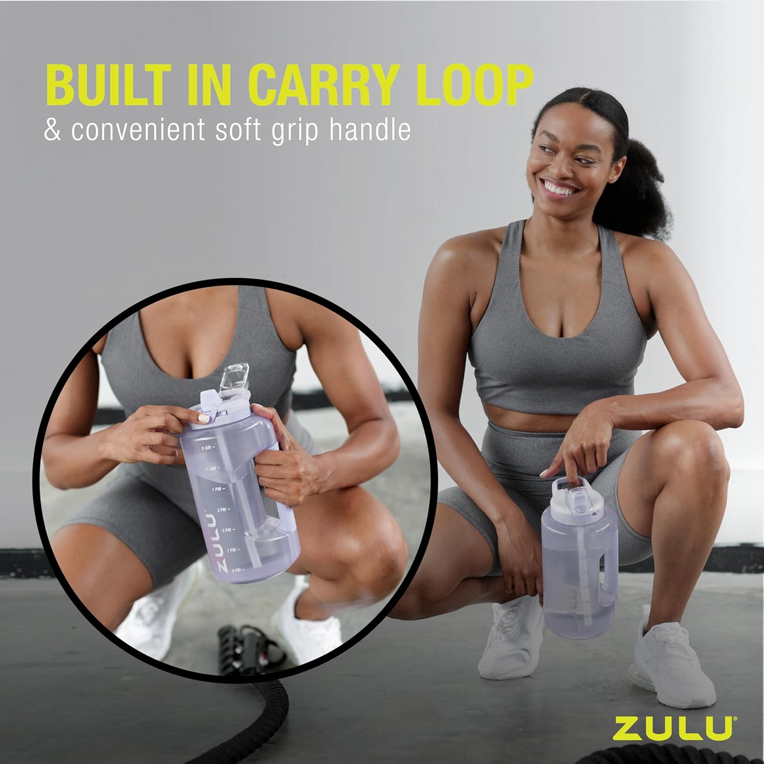 ZULU Goals 64oz Half Gallon Plastic Water Bottle with Straw and Time Marker | Large Reusable Jug with Handle and Leak Proof Lid for All Day Hydration, Gym and Outdoors, Gift Ready, Grey