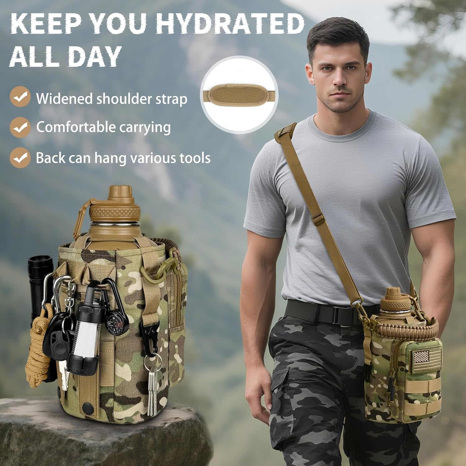 Half Gallon Water Bottle Insulated with Sleeve - Tactical 64 oz Stainless Steel Water Jug with MOLLE Water Bottle Pouch, Gym Water Bottles for Men Hiking Workout (CP Camo)