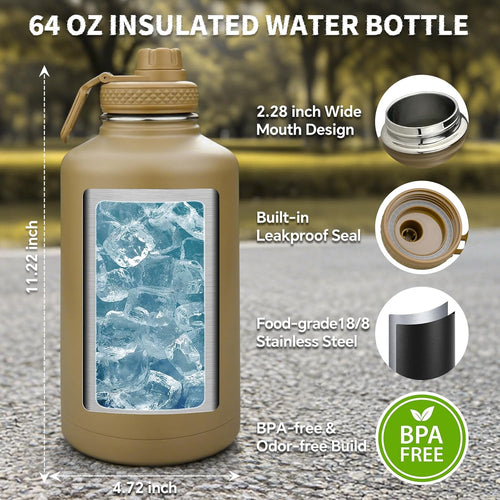 Half Gallon Water Bottle Insulated with Sleeve - Tactical 64 oz Stainless Steel Water Jug with MOLLE Water Bottle Pouch, Gym Water Bottles for Men Hiking Workout (CP Camo)