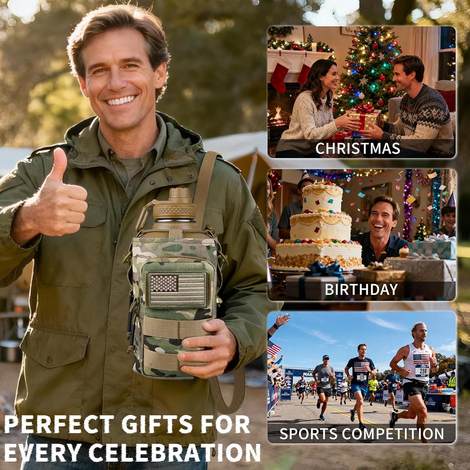 Half Gallon Water Bottle Insulated with Sleeve - Tactical 64 oz Stainless Steel Water Jug with MOLLE Water Bottle Pouch, Gym Water Bottles for Men Hiking Workout (CP Camo)