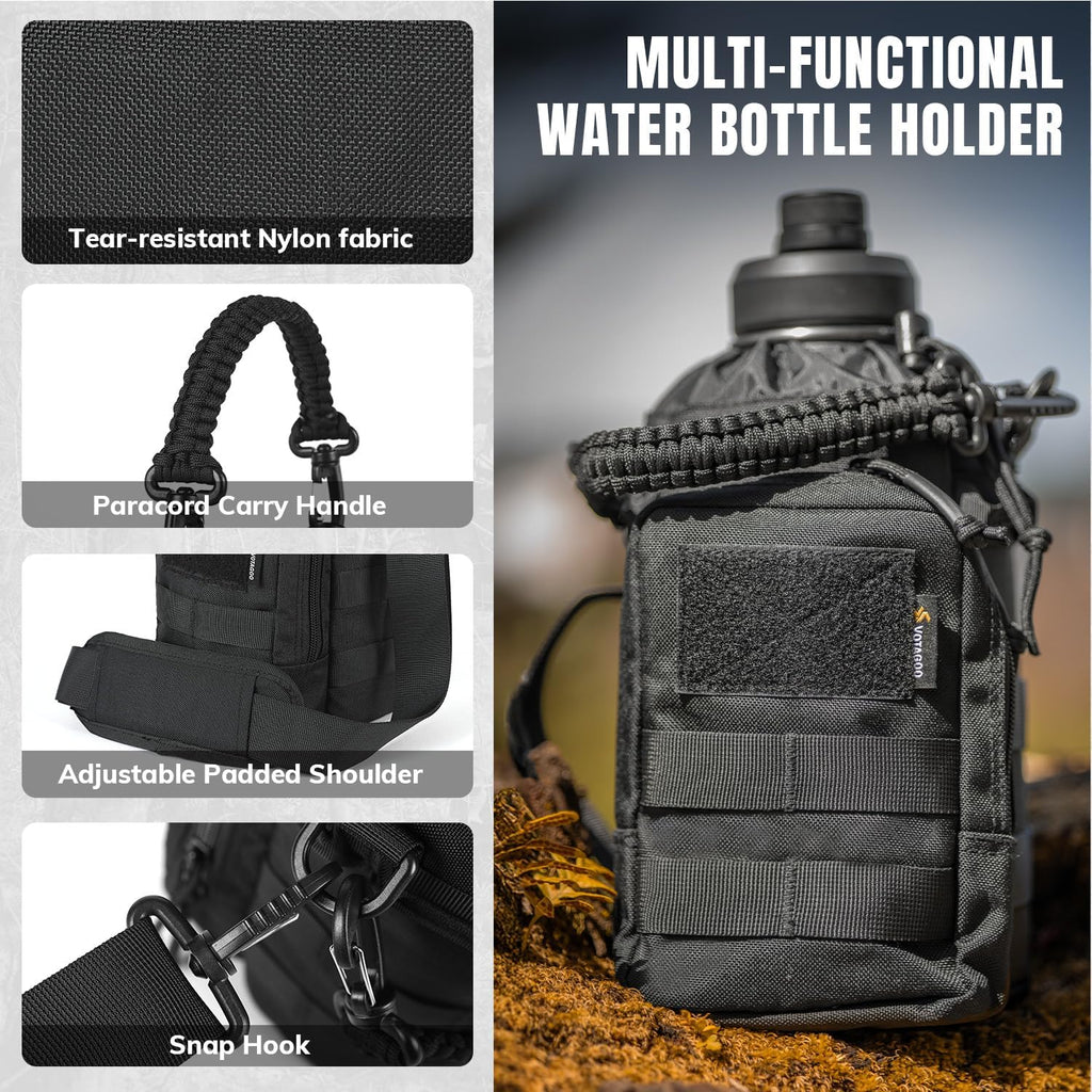 64Oz Tactical Water Bottle - Half Gallon Stainless Steel Insulated Water Bottle, Metal Military Bottle with Rugged, Removable Sleeve Tactical Carrier Bag for Hiking Camping Hunting (BLACK)