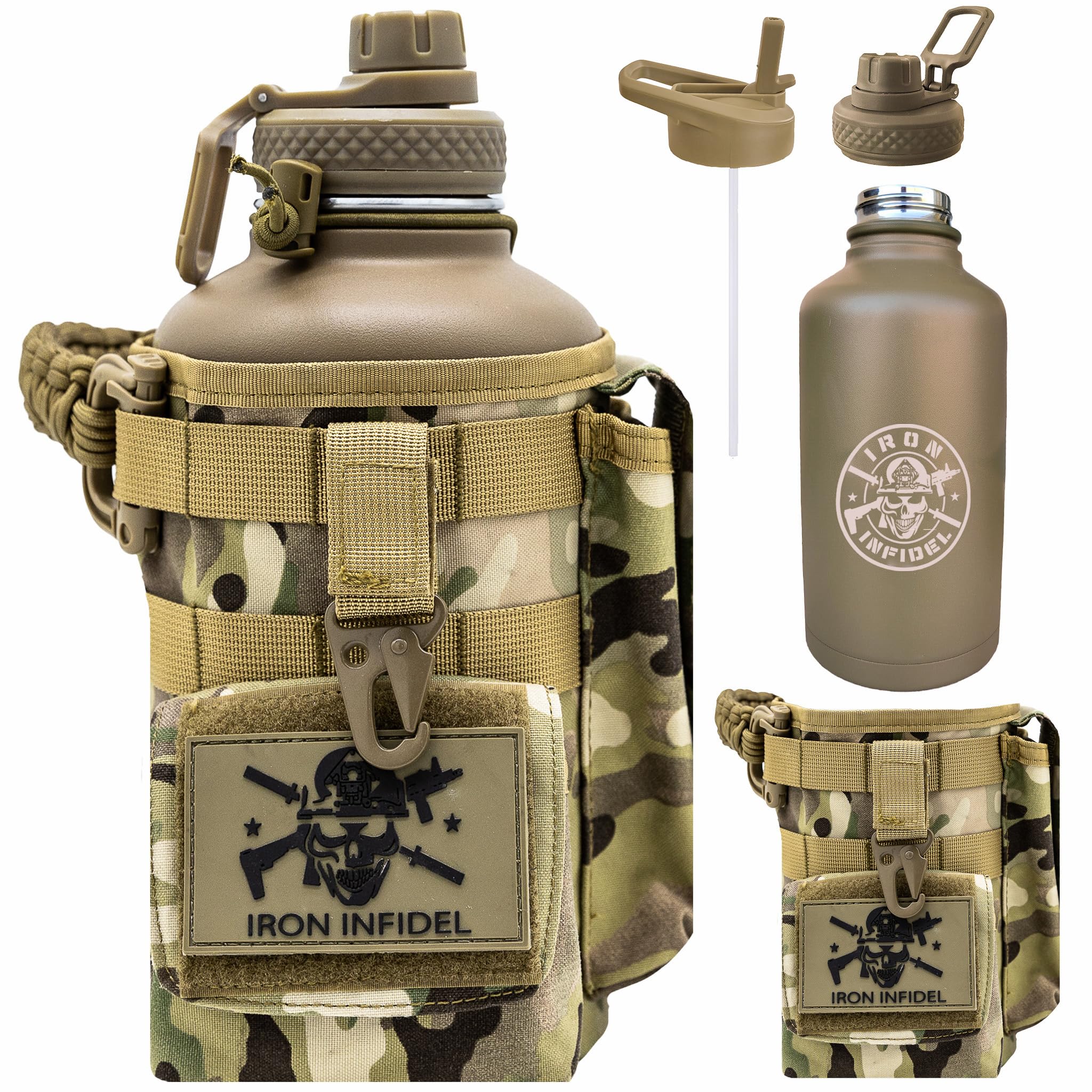 Iron Infidel Battle Bottle - One Gallon Insulated Water Bottle with Dual Carry Handles - 128 oz Tactical Stainless Steel Water Jug & Rugged Extra Large Sleeve With Storage (Betsy 128 Ounces)